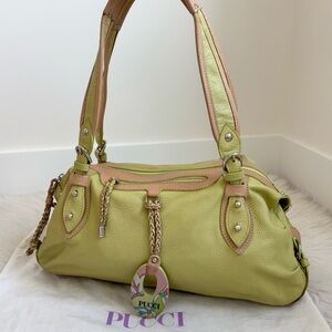 Emilio Pucci Leather Lime Green Shoulder Bag with Tan Trim